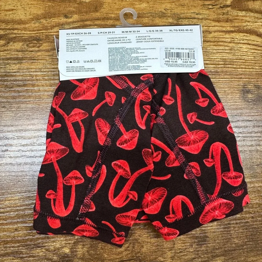 NEW American Eagle Mens 6 Inch Boxer Brief Red Mushroom Print Black Medium 32-34